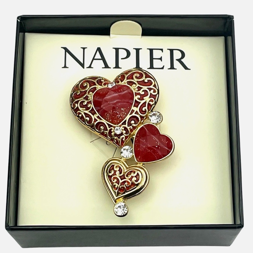 Napier Gold tone  and Red Heart Brooch with Crystals